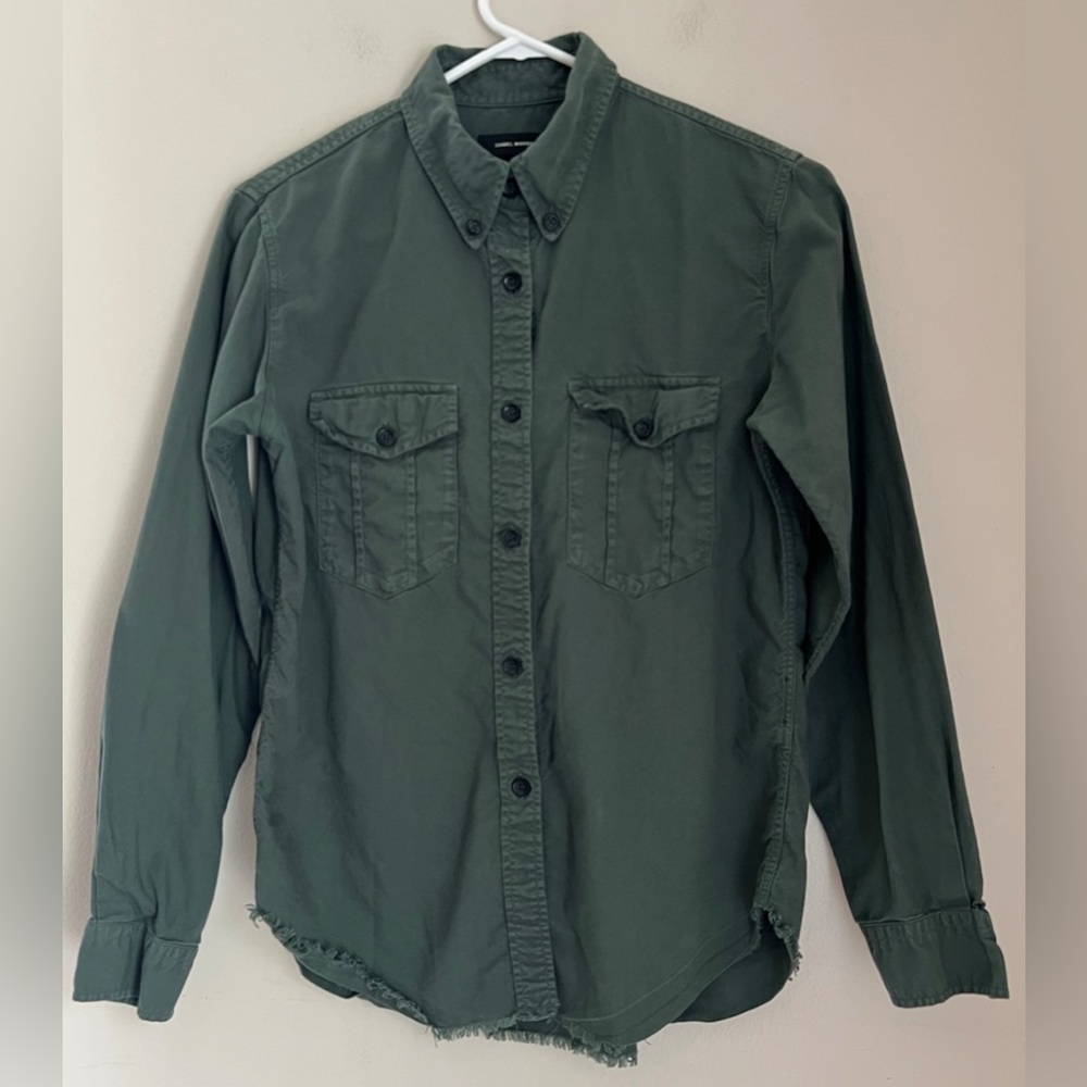 ISABEL MARANT Green Button Down Shirt Women’s 36/S /4 Frayed Raw Hem Collared